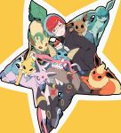  1girl absurdres aduti_momoyama aqua_hair bangs black_hoodie boots closed_mouth commentary_request eevee espeon flareon glaceon glasses grey_eyes hand_in_pocket highres holding holding_poke_ball hood hoodie jolteon leafeon looking_at_viewer multicolored_hair pantyhose penny_(pokemon) poke_ball poke_ball_(basic) pokemon pokemon_(creature) pokemon_(game) pokemon_sv red_hair round_eyewear short_hair smile sylveon two-tone_hair umbreon vaporeon 