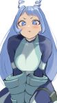  1girl absurdres angry antenna_hair blue_eyes blue_hair blush boku_no_hero_academia breast_squeeze breasts collarbone fengling_(furin-jp) hadou_nejire highres large_breasts long_hair looking_at_viewer pout simple_background skin_tight solo white_background 