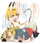  2girls :3 absurdres all_fours animal_ears bare_shoulders black_gloves black_hair black_pantyhose blonde_hair blue_eyes blush cat_ears cat_girl cat_tail chis_(js60216) commentary_request elbow_gloves extra_ears fang gloves grey_shorts high-waist_skirt highres kaban_(kemono_friends) kemono_friends kemonomimi_mode multiple_girls no_shoes pantyhose print_gloves print_skirt print_thighhighs red_shirt serval_(kemono_friends) serval_print shirt short_hair short_sleeves shorts skirt sleeveless squatting t-shirt tail translation_request white_shirt yellow_eyes zettai_ryouiki 