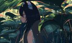  1girl absurdres animal_ear_fluff animal_ears bangs black_eyes black_hair cat_ears closed_mouth commentary from_side hair_between_eyes highres kgt_(pixiv12957613) light_blush long_bangs long_hair looking_to_the_side original outdoors plant profile sleeveless solo upper_body 