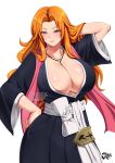  1girl arm_behind_head arm_up artist_logo bangs black_kimono bleach blush breasts cleavage collarbone deviantart_username facebook_username hand_on_hip haori highres jadenkaiba japanese_clothes jewelry kimono large_breasts light_blush long_hair looking_at_viewer matsumoto_rangiku necklace orange_hair pink_scarf pixiv_username purple_eyes robe sash scarf smile solo standing watermark web_address white_background white_sash wide_sleeves 