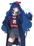  1girl animal_ears big_hair blue_coat blue_eyes blue_hair bow cat_ears chenna_kitty christmas_sweater coat flower gloves grey_gloves grey_skirt grey_thighhighs grin hair_bow hair_flower hair_ornament hairband hand_on_hip hand_up indie_virtual_youtuber miniskirt open_clothes open_coat red_flower red_rose red_sweater rose simple_background skirt smile solo sweater tail tail_bow tail_ornament thighhighs unsomnus white_background 