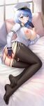  1girl absurdres ass azur_lane bangs black_pantyhose blue_eyes blue_hair blush breasts breasts_out censored chapayev_(azur_lane) closed_mouth full_body gloves highres large_breasts long_hair looking_at_viewer lying mole mole_on_breast nipples no_panties on_bed on_side pantyhose pillow pointing pointing_at_self pussy smile soles solo spread_pussy swept_bangs tina_(tinafya) toes torn_clothes torn_pantyhose uniform 