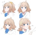  1girl 3: :t =3 absurdres ahoge alternate_hairstyle annoyed bangs blue_eyes blue_shirt blunt_bangs blush closed_mouth clothes_grab collarbone cropped_torso d: dot_nose expressionless eyes_visible_through_hair flower from_side hair_flower hair_ornament hair_up hand_up highres idolmaster idolmaster_million_live! light_brown_hair looking_ahead looking_at_viewer looking_up low_twintails meeeeeeco359 multiple_views open_mouth pout scrunchie shirt short_hair short_sleeves short_twintails sidelocks simple_background squiggle suou_momoko sweat t-shirt twintails two-tone_shirt upper_body v-shaped_eyebrows wavy_hair wavy_mouth white_background white_flower white_shirt yellow_scrunchie 