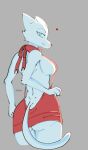  &lt;3 behind_view blue_eyes breasts canid canine canis claws clothed clothing female fur looking_at_viewer looking_back mammal red_clothing ribbons serubijagung side_boob solo white_body white_fur wolf 
