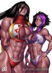  2girls abs arms_behind_back biceps breasts bust_chart cleavage_cutout clothing_cutout colored_tips covered_nipples deltoids glutes hand_on_hip highres huge_breasts large_breasts long_hair long_sleeves looking_at_viewer multicolored_hair multiple_girls muscular muscular_female phoebus_art purple_wristband red_eyes sharp_teeth short_hair siblings sisters size_comparison sports_bra sportswear stick teeth thick_thighs thighhighs thighs triceps underwear 