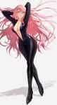  1girl absurdres arms_behind_head arms_up bangs black_bodysuit blush bodysuit breasts center_opening cleavage fate/grand_order fate_(series) full_body glasses high_heels highres koyanskaya_(fate) large_breasts long_hair looking_at_viewer madoro_q navel open_mouth pink_hair sidelocks smile solo tamamo_(fate) yellow_eyes 