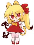  1girl animal_ears ascot blonde_hair cat_ears cat_girl cat_tail collared_shirt crystal fang flandre_scarlet frilled_shirt_collar frilled_skirt frilled_sleeves frills highres medium_hair no_headwear one_side_up op_na_yarou puffy_short_sleeves puffy_sleeves red_eyes red_footwear red_ribbon red_skirt red_vest ribbon shirt short_sleeves simple_background skirt skirt_set solo tail touhou vest white_background white_shirt wrist_cuffs yellow_ascot 