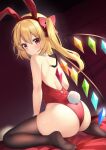  1girl alternate_costume animal_ears ass back black_thighhighs blonde_hair bow crystal fake_animal_ears fake_tail flandre_scarlet hair_bow leotard no_shoes on_bed playboy_bunny rabbit_ears red_bow red_eyes red_leotard ruhika side_ponytail soles solo strapless strapless_leotard tail thighhighs touhou white_wrist_cuffs wings 