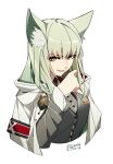  1girl animal_ear_fluff animal_ears arknights bangs cardigan cat_ears commentary_request cropped_torso green_eyes green_hair grey_cardigan harmonie_(arknights) long_hair long_sleeves looking_at_viewer mochusama1 simple_background smile solo upper_body white_background 
