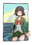  1girl :&lt; black_hair blue_sky cloud cowboy_shot green_jacket green_sailor_collar green_skirt hair_ribbon horizon ichigo6480 ishigaki_(kancolle) jacket kantai_collection long_sleeves looking_at_viewer neck_ribbon ocean pleated_skirt red_eyes red_ribbon ribbon sailor_collar school_uniform serafuku short_hair skirt sky solo standing white_ribbon 