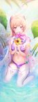  1girl absurdres bangs bikini blue_flower blue_gemstone blush bouquet breasts cheosnuni commentary flower gem genshin_impact green_flower hair_ornament highres holding holding_bouquet leaf long_hair looking_at_viewer navel open_mouth outdoors pink_flower pink_hair purple_bikini purple_eyes purple_flower purple_thighhighs sangonomiya_kokomi sitting small_breasts smile solo swimsuit teeth thighhighs very_long_hair wariza water wet yellow_flower 