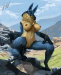  2022 3_fingers 3_toes absurd_res anthro artist_name big_breasts black_body black_fur blue_body blue_fur blulesnsfw breasts canid canine claws cloud detailed_background digital_media_(artwork) feet female fingers fur generation_4_pokemon genitals grass half-closed_eyes hi_res huge_breasts lips looking_at_viewer lucario mammal mountain narrowed_eyes nintendo nipples nude open_mouth outside plant pokemon pokemon_(species) pussy red_eyes rock seductive sky solo teeth thick_bottom_lip toes video_games yellow_body yellow_fur 