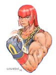  1girl absurdres bangs biceps black_gloves black_sports_bra brown_eyes chain_necklace clenched_hand fingerless_gloves flexing gloves highres jewelry looking_at_viewer marisa_(street_fighter) muscular muscular_female necklace portrait quasimodox red_hair short_hair sleeveless solo sports_bra straight_hair street_fighter street_fighter_6 