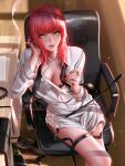 black_bra black_necktie bra breasts chainsaw_man chair cigarette cleavage collared_shirt garter_straps highres lace-trimmed_bra lace_trim liang_xing loose_necktie makima_(chainsaw_man) necktie no_pants office_chair open_clothes parted_lips red_hair riding_crop ringed_eyes see-through shirt shoes shoes_removed sitting underwear yellow_eyes 
