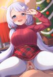  1boy 1girl absurdres ako_suke assertive_female blue_archive blue_eyes blurry blurry_background blurry_foreground blush breasts censored christmas christmas_ornaments christmas_tree clothed_sex clothing_cutout cowgirl_position crotch_cutout cum cum_in_pussy depth_of_field girl_on_top hair_ornament hairclip halo hanae_(blue_archive) hanae_(christmas)_(blue_archive) happy_sex hat heart heart_hair_ornament hetero highres indoors large_breasts long_hair looking_at_viewer mosaic_censoring nose_blush official_alternate_costume open_mouth pantyhose penis plaid pov purple_hair pussy red_sweater ribbed_sweater santa_hat sex skirt smile solo_focus spread_legs straddling sweater turtleneck turtleneck_sweater twintails v vaginal very_long_hair white_pantyhose 