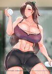  1girl absurdres alternate_costume artist_name ass_visible_through_thighs bangs bare_shoulders black_shorts blush bottle breasts brown_eyes brown_hair cameltoe cleavage cleft_of_venus fire_emblem fire_emblem_fates hair_ornament hair_over_one_eye highres holding huge_breasts kagero_(fire_emblem) long_hair looking_at_viewer navel open_mouth outdoors ponytail sakiyume11 shorts skin_tight skindentation solo sports_bra sportswear sweat thick_thighs thighs water_bottle yoga 