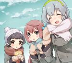  3girls aqua_scarf arare_(kancolle) asagumo_(kancolle) beanie black_hair blue_eyes blush brown_eyes brown_hair closed_eyes closed_mouth eating food green_hairband grey_hair hair_between_eyes hairband hat holding holding_food kantai_collection long_hair long_sleeves mittens multiple_girls nuno_(pppompon) open_mouth orange_scarf pom_pom_(clothes) scarf short_hair smile twintails upper_body white_headwear white_scarf yamagumo_(kancolle) 