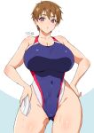  1girl bare_shoulders blush breasts brown_hair cleavage commission competition_swimsuit covered_navel hands_on_hips highres large_breasts looking_at_viewer one-piece_swimsuit original parted_lips pixiv_commission purple_eyes short_hair solo swim_cap swim_cap_removed swimsuit tomboy wet yajiro_masaru 