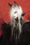  1boy animal_ears cat_ears closed_mouth highres long_hair male_focus nat_the_lich original pale_skin red_background red_eyes robe signature simple_background solo white_hair 