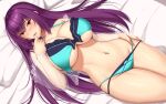  1girl akitsuki_karasu bikini blue_bikini blush breasts cleavage commission criss-cross_halter fate/grand_order fate_(series) halterneck large_breasts long_hair looking_at_viewer lying navel on_back open_mouth purple_hair red_eyes scathach_(fate) scathach_skadi_(fate) scathach_skadi_(swimsuit_ruler)_(fate) scathach_skadi_(swimsuit_ruler)_(final_ascension)_(fate) skeb_commission solo swimsuit 