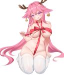  1girl :q alternate_costume animal_ears antlers bangs bell bow breasts cameltoe covered_nipples earrings floppy_ears fox_ears genshin_impact hair_between_eyes highres holding jewelry large_breasts long_hair looking_at_viewer naked_ribbon no_shoes pink_hair purple_eyes red_bow red_ribbon ribbon seiza sidelocks simple_background sitting solo thighhighs thighs tongue tongue_out white_background white_thighhighs yae_miko zzo_(chorizzzzo) 