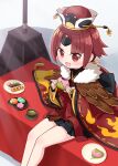  1girl :d benienma_(fate) black_skirt blush commentary_request dango fate/grand_order fate_(series) feet_out_of_frame food harada_(sansei_rain) hat highres holding holding_food japanese_clothes kimono long_hair long_sleeves looking_at_viewer low_ponytail plate pleated_skirt ponytail red_eyes red_hair red_headwear red_kimono sakura_mochi sanshoku_dango skirt smile solo very_long_hair wagashi wide_sleeves 