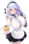  1girl absurdres apron azur_lane bangs black_dress blue_hair blunt_bangs blush breasts cake chocolate closed_mouth commentary_request dido_(azur_lane) dress food hair_ribbon hairband highres holding holding_plate holding_tray kanno_esuto large_breasts light_blue_hair long_hair maid maid_apron plate purple_eyes ribbon simple_background sleeveless sleeveless_dress solo standing tray white_background 