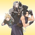  3boys ? aqua_eyes bangs bare_shoulders belt black_gloves black_hair black_jacket blonde_hair blue_pants blue_shirt brown_gloves chest_strap clenched_teeth cloud_strife cowboy_shot crisis_core_final_fantasy_vii final_fantasy final_fantasy_vii gloves green_scarf grey_hair hand_to_own_mouth highres jacket leaning_forward long_hair male_focus multiple_belts multiple_boys muscular muscular_male open_mouth pants parted_bangs ryouto scarf sephiroth shirt short_hair sleeveless sleeveless_turtleneck spiked_hair suspenders teeth turtleneck yellow_background zack_fair 