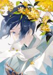  1boy blue_eyes blue_hair closed_mouth flower flower_request hair_over_one_eye kuri_(cutsnake0805) long_sleeves looking_at_viewer male_focus simple_background touken_ranbu traditional_clothes white_background wide_sleeves yamato-no-kami_yasusada 