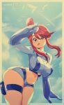  bangs blue_eyes blue_gloves blue_shorts bluethebone breasts covered_nipples feathers gloves highres large_breasts midriff navel one_side_up pokemon pokemon_(game) pokemon_bw red_hair retro_artstyle salute short_hair_with_long_locks short_shorts shorts sky skyla_(pokemon) swept_bangs thigh_pouch tongue tongue_out 