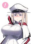  ! 1girl blonde_hair blush breasts capelet celtic_knot cross cursor cypress graf_zeppelin_(kancolle) hair_between_eyes hat impossible_clothes iron_cross kantai_collection large_breasts military military_uniform nose_blush peaked_cap purple_eyes sidelocks solo speech_bubble spoken_exclamation_mark twintails uniform upper_body white_headwear 