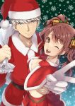  1boy 1girl breasts brown_eyes brown_hair christmas closed_mouth commission earrings gloves hat io_naomichi jewelry kujikawa_rise long_hair looking_at_viewer narukami_yuu one_eye_closed open_mouth persona persona_4 santa_costume santa_hat skeb_commission skirt smile twintails v 