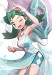  1girl breasts dress gonzarez highres kris_(pokemon) light_green_hair medium_breasts official_alternate_costume one_eye_closed open_mouth pokemon pokemon_(creature) pokemon_(game) pokemon_gsc pokemon_masters_ex simple_background suicune white_background 