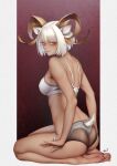  1girl absurdres alternate_costume animal_ears arknights bad_feet bare_legs barefoot black_panties blush bra breasts carnelian_(arknights) chinese_commentary closed_mouth dark-skinned_female dark_skin from_side full_body goat_ears goat_girl goat_horns goat_tail highres horns lips looking_at_viewer medium_breasts panties panty_pull patterned_background red_eyes seductive_smile seiza short_hair signature sitting smile soles solo tail tail_through_clothes two-tone_panties underwear underwear_only von.franken white_bra white_hair white_panties 