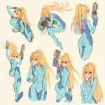  1girl absurdres ass bangs blonde_hair blue_eyes bodysuit breasts covered_navel english_commentary full_body gun highres long_hair looking_at_viewer medium_breasts metroid metroid_(creature) mole mole_under_mouth multiple_views nintendo oxcoxa ponytail samus_aran sidelocks skin_tight weapon zero_suit 
