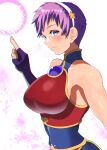  1girl akisu_k asamiya_athena blush breasts chinese_clothes fingerless_gloves gloves hair_ornament hairband large_breasts looking_at_viewer purple_eyes purple_hair short_hair simple_background skin_tight smile the_king_of_fighters upper_body white_background white_hairband 