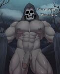  abs balls bone clothing death_(personification) dialogue erection genitals grim_reaper hi_res large_pecs looking_at_viewer male muscular muscular_male nude penis skull skull_head solo ttbrizzy undressing vein veiny_penis 