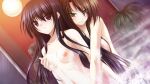  2girls bangs black_hair breast_grab breasts brown_hair collarbone completely_nude dare_ga_koroshita_komadori_wo floating_hair game_cg grabbing grabbing_from_behind green_eyes grin hair_between_eyes kawano_ran long_hair medium_breasts multiple_girls navel nipples nude parted_lips purple_eyes shiny shiny_hair smile standing suien ugi_kotori very_long_hair yuri 