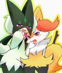  2girls :3 animal_ear_fluff animal_ears animal_hands animal_nose arm_behind_back blush body_fur braixen cat_girl cat_tail commentary cowboy_shot fang flat_chest fox_ears fox_girl fox_tail fur_collar furry furry_female green_fur green_hair green_outline half-closed_eyes hand_to_own_mouth hand_up happy highres looking_at_viewer meowscarada multiple_girls nose_blush open_mouth outline pokemon pokemon_(creature) ragu_(apricolor) raised_eyebrows red_eyes short_hair simple_background skin_fang smile smug snout standing stick tail thick_thighs thighs two-tone_fur white_background white_fur wide_hips yellow_fur yellow_outline 