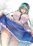  1girl ass_visible_through_thighs belly blue_skirt blush breasts collared_shirt commentary_request covered_nipples cowboy_shot crop_top day dutch_angle embarrassed frilled_skirt frills frog_hair_ornament from_below green_eyes green_hair hair_ornament hair_tubes kochiya_sanae koikawa_minoru large_breasts long_hair looking_down midriff navel nipples open_mouth outdoors shirt skirt skirt_hold standing thighs touhou wet wet_clothes white_shirt 
