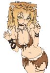  1girl animal_ears blonde_hair bra breasts brown_bra claw_pose flat_color green_eyes highres houtengeki jewelry loincloth medium_breasts medium_hair navel necklace original pelt simple_background stomach tiger_ears tiger_girl tooth_necklace two_side_up underwear v-shaped_eyebrows white_background 