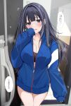  1girl black_hair blue_eyes blue_jacket blush breasts cleavage door door_handle doorknob doorway highres jacket long_hair long_sleeves looking_at_viewer open_door opening_door original pov pov_doorway solo speech_bubble translation_request uiri-na walk-in 