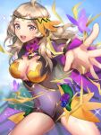  1girl ahoge bangs blonde_hair breasts bug butterfly cleavage covered_navel fire_emblem fire_emblem_fates fire_emblem_heroes flower grey_eyes highres liszodow long_hair medium_breasts open_mouth ophelia_(fire_emblem) outstretched_arm plant solo swept_bangs teeth turtleneck upper_body upper_teeth vines 