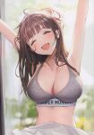  1girl absurdres ame_(uten_cancel) armpits bangs bed_sheet blurry blurry_background blush breasts brown_eyes brown_hair cleavage collarbone curtains day head_tilt highres idolmaster idolmaster_shiny_colors indoors large_breasts long_hair looking_at_viewer one_eye_closed open_mouth scan shiny shiny_hair simple_background sleepy smile solo sonoda_chiyoko stretching tank_top waking_up window yawning 