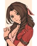  1girl aerith_gainsborough bangs braid braided_ponytail breasts brown_hair choker cleavage dress final_fantasy final_fantasy_vii final_fantasy_vii_remake flower_choker green_eyes hair_ribbon jacket long_hair looking_at_viewer medium_breasts moshimoshibe own_hands_clasped own_hands_together parted_bangs pillarboxed pink_dress pink_ribbon portrait red_jacket ribbon short_sleeves sidelocks smile solo upper_body 