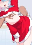  1girl arona_(blue_archive) blue_archive blue_hair breast_grab breasts clothes_pull fingering fork grabbing head_out_of_frame highres holding holding_fork leaning_forward lower_teeth morisobo nipples no_bra open_mouth red_skirt santa_costume simple_background skirt skirt_pull small_breasts teeth white_background 