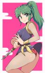  1girl ass bangs black_shirt bodysuit closed_mouth commentary cougar_(cougar1404) cowboy_shot egasumi fishnet_bodysuit fishnets from_side ganbare_goemon green_eyes green_hair hair_tie holding holding_knife japanese_clothes knife long_hair looking_at_viewer lyn_(fire_emblem) ninja no_pants outside_border panties purple_background red_panties shirt short_sword smile solo standing sword tantou underwear weapon yae_(ganbare_goemon) 