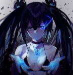  1girl absurdres bangs bikini black_bikini black_choker black_hair black_rock_shooter black_rock_shooter_(character) blue_eyes breasts choker cleavage closed_mouth collarbone flaming_eye grey_background hair_between_eyes heterochromia highres long_hair looking_at_viewer qian_deng_bai_wang small_breasts solo spaghetti_strap swimsuit twintails upper_body 