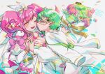  2girls absurdres bouquet bow breasts bright_pupils brown_eyes character_name cleavage dated dress flower green_flower green_hair hair_bow hair_ribbon hairband happy_birthday highres holding holding_bouquet holding_hands jacket jacket_on_shoulders juliet_sleeves large_breasts leaning_back leaning_forward long_sleeves m_rgfn macross macross_delta makina_nakajima multiple_girls one_eye_closed pink_bow pink_flower pointy_ears puffy_sleeves reina_prowler ribbon short_hair smile twintails white_bow white_dress white_hairband white_jacket white_pupils white_ribbon yuri 